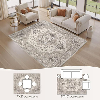EIEIHOUSE Washable Area Rugs for Living Room - 7x9 Neutral Vintage Distressed Floral Farmhouse Boho Large Soft Floor Rug Indoor Non Slip Carpet for Living Room Bedroom Dining Room Office -Brown/Beige