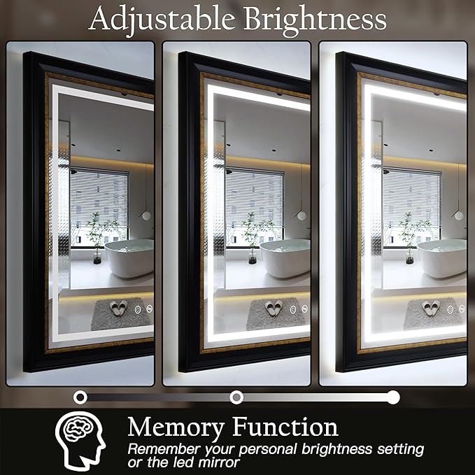 ROLOVE 23x33 Inch Antique Black and Gold Mirror for Wall, Lighted Vintage Mirrors for Bathroom with Anti-Fog, Waterproof Frame, Shatterproof Glass, Ornate Baroque Mirror for Entryway & Powder Room