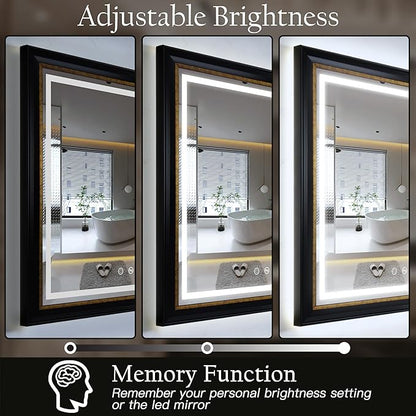 ROLOVE 23x33 Inch Antique Black and Gold Mirror for Wall, Lighted Vintage Mirrors for Bathroom with Anti-Fog, Waterproof Frame, Shatterproof Glass, Ornate Baroque Mirror for Entryway & Powder Room