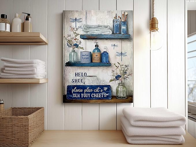 Navy Blue Bathroom Decor Wall Art Rustic Blue Bathroom Canvas Wall Decor Please Seat Yourself Sign Print Painting Vintage Aesthetic Picture Artwork Decor 12x16 Inches