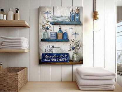 MAQCM Navy Blue Bathroom Decorative Wall Art Rustic Blue Bathroom Canvas Wall Decorative Please Sit In Your Own Logo Painting Painting Retro Aesthetic Pictures Artwork Decoration 16x24 Inches