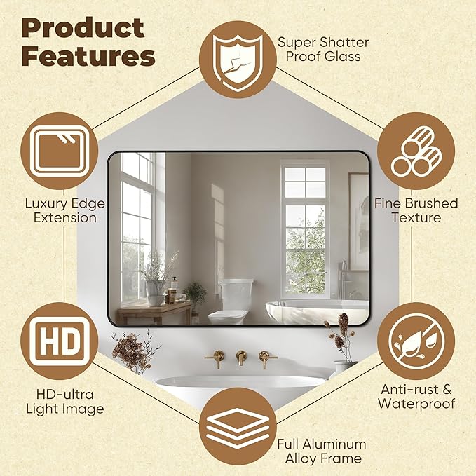 Antok Bathroom Mirror, 40"x36" Wall Mirror, Decorative Mirrors Vanity Mirror Aluminum Alloy Frame Contemporary Rectangular Hanging Mirror for Living Room Bathroom Entryway,Black,Round Corner