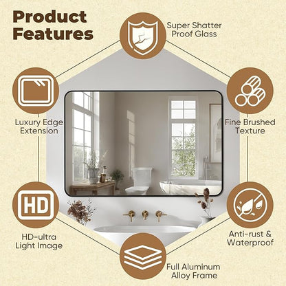 Antok Bathroom Mirror, 40"x36" Wall Mirror, Decorative Mirrors Vanity Mirror Aluminum Alloy Frame Contemporary Rectangular Hanging Mirror for Living Room Bathroom Entryway,Black,Round Corner