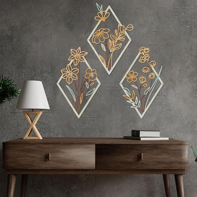 ShxTrade 3 Pcs Metal Flowers Wall Arts, Rustic Farmhouse Decor Minimalist Flower Wall Decors Natural Themed Home Decorations for Bathroom Kitchen Living Room Bedroom (Yellow)