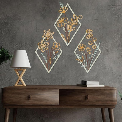 ShxTrade 3 Pcs Metal Flowers Wall Arts, Rustic Farmhouse Decor Minimalist Flower Wall Decors Natural Themed Home Decorations for Bathroom Kitchen Living Room Bedroom (Yellow)