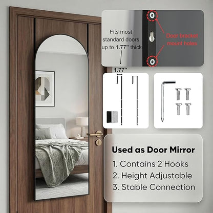 58"x20" Arched Full Length Door Mirror, Over-the-Door Hanging, Floor Standing, Wall Mounted or Leaning, Metal Frame Body Mirror for Bedroom, Living Room, Closet, Dorm, Black