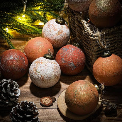 24Pcs 2.36'' Large Rustic Vintage Neutral Textured Farmhouse Brown 2025 Christmas Ornaments Ball for Christmas Tree Decor,Boho Orange Copper Hanging Xmas Ornaments Shatterproof Ball for Home Decor