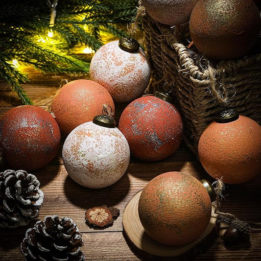 24Pcs 2.36'' Large Rustic Vintage Neutral Textured Farmhouse Brown 2025 Christmas Ornaments Ball for Christmas Tree Decor,Boho Orange Copper Hanging Xmas Ornaments Shatterproof Ball for Home Decor