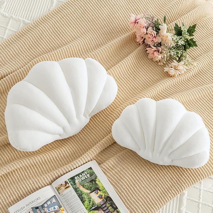 Shell Pillow, Shell Shaped Decorative Throw Pillows with Velet for Couch Bed, Cute Seashell Beachy Room Decor Aesthetic Throw Pillows for Bedroom Living Room(18x13 Inches, White)