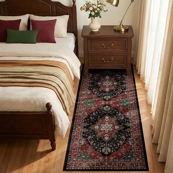 RELEANY Area Rugs 2'x5' Runner Rug Non Slip Washable for Kitchen Hallway Bedroom Beside Laundry Room Bathroom Rug, Floor Carpet, Red Black