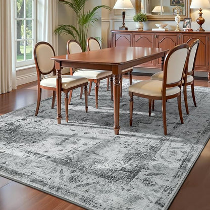 YOH Boho Washable Rug 9x12, Light Gray Vintage Non Slip Area Rug, Distressed Indoor Carpet for Living Room Bedroom Kitchen Office