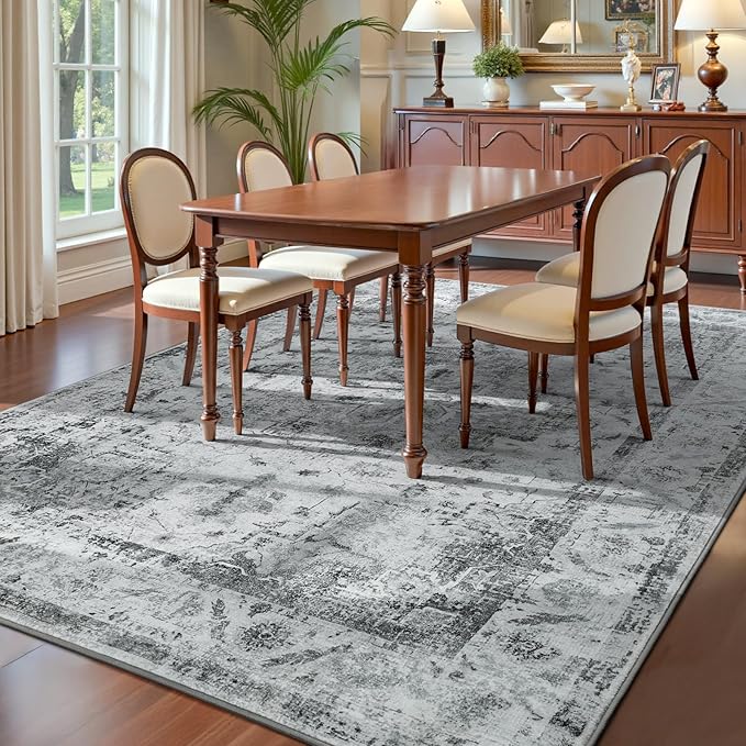 YOH Boho Washable Rug 8x10, Light Gray Vintage Non Slip Area Rug, Distressed Indoor Carpet for Living Room Bedroom Kitchen Office