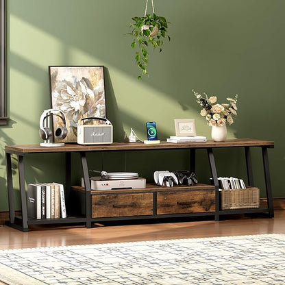 RALGEND LED TV Stand for 80 Inch TV, Entertainment Center with Open Shelves and Power Outlets, TV Console Table with Fabric Drawers, Media Console for Living Room, Bedroom, Rustic Brown and Black