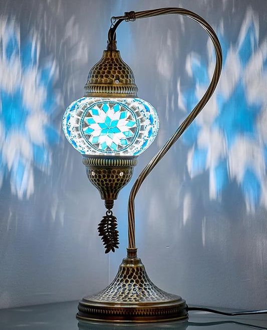 DEMMEX Turkish Moroccan Table Lamp, Swan Neck Tiffany Style Mosaic Glass Table Desk Bedside Lamp for Bedroom, Living Room – Handcrafted in Turkey, Aqua Blue