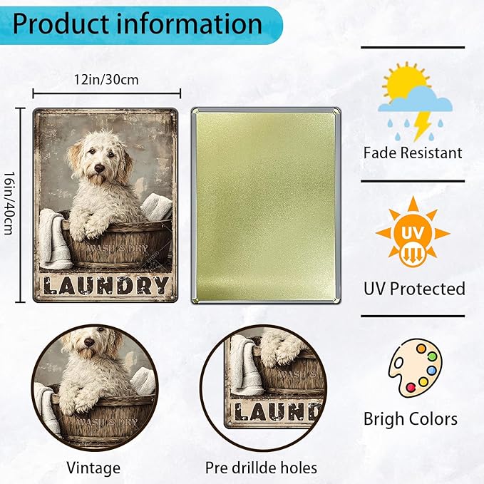 Labradoodle Dog Laundry Vintage Tin Sign Metal Aluminum Sign Iron Painting Vintage Wall Decoration Poster for Home Hotel Bathroom 16x12 Inch