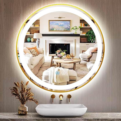 Gold Round Vanity Mirror with Lights 3 Color Dimmable Frontlight 16 Inch Gold Frame Round Lighted Mirror for Bathroom Makeup Wall LED Circle Round Smart Light up Mirror with Lights Anti-Fog