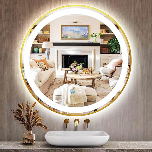 Gold Round Vanity Mirror with Lights 3 Color Dimmable Frontlight 16 Inch Gold Frame Round Lighted Mirror for Bathroom Makeup Wall LED Circle Round Smart Light up Mirror with Lights Anti-Fog