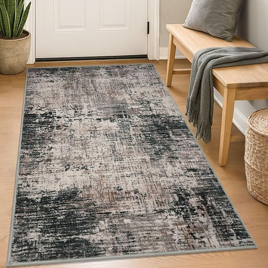 KILOCOCO Abstract Area Rug 3x5 Entryway Rug Washable Kitchen Rugs Non Slip Soft Pinted Entrance Rugs Indoor Mat for Front Door Foyer Farmhouse Living Room Floor Carpet, Black/Brown