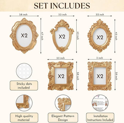 97 Decor Small Gold Picture Frames Set (No Standing & Backing) - 10 Mini Vintage Frames For Galley Wall, Assorted Gold Vintage Picture Frame Bulk, Antique Ornate Miniature Frame (Non-magnetic)