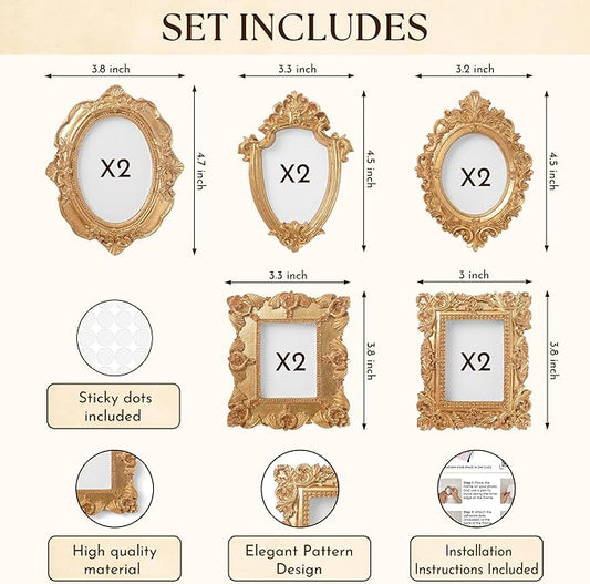 97 Decor Small Gold Picture Frames Set (No Standing & Backing) - 10 Mini Vintage Frames For Galley Wall, Assorted Gold Vintage Picture Frame Bulk, Antique Ornate Miniature Frame (Non-magnetic)