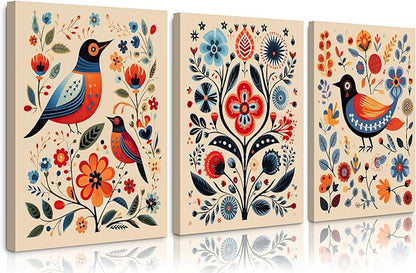 Scandinavian Folk Wall Art Nodic Flower Canvas Wall Decor Norwegian Wall Art Poster Swedish Antique Wall Decor Pictures Floral Bird Prints Vintage Poster for Home Kitchen 12x16x3 Inch Ready to Hang