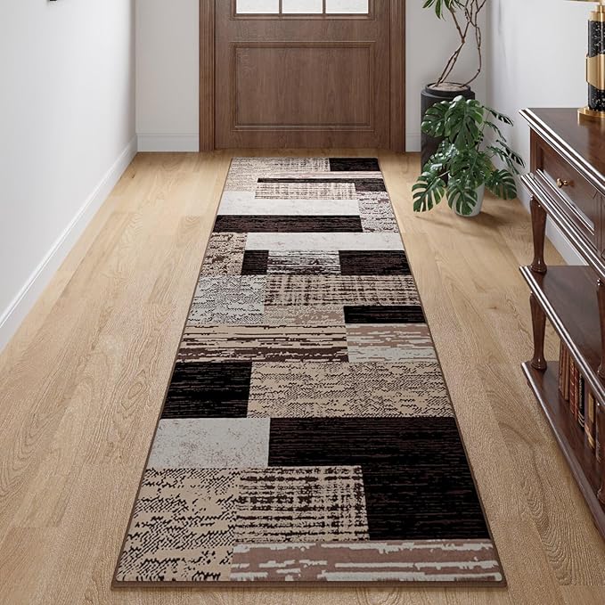 FlyDOIT Modern Geometric Patchwork Area Rug, 2x6 Chocolate Runner Rugs for Living Room, Rockwood Collection Indoor Rugs for Bedroom, Throw Carpet Floor Decor for Entryway Dining Room Office Nursery