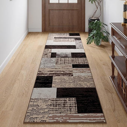 FlyDOIT Modern Geometric Patchwork Area Rug, 2x6 Chocolate Runner Rugs for Living Room, Rockwood Collection Indoor Rugs for Bedroom, Throw Carpet Floor Decor for Entryway Dining Room Office Nursery