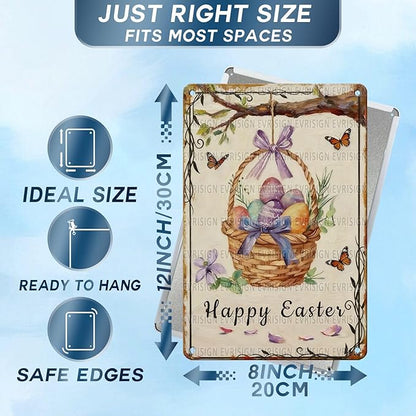 Happy Easter Metal Sign Retro Fun Design Family Party Decor Tin Wall Panel For Home Living Room Kitchen Easter Celebration 8x12Inch