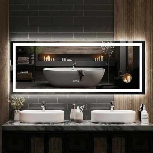 60x24 LED Bathroom Mirror with Lights, Frameless Wall Mounted Vanity Mirror with Front & Backlight, Dimmable Color Temperature, 5mm Copper-Glass, for Bathroom