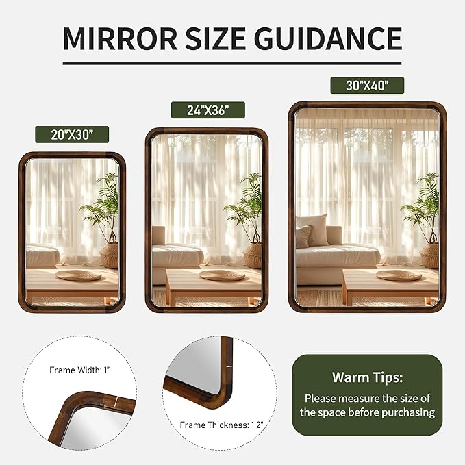 Wood Bathroom Mirror for Wall,Rectangle 20 x 30 inch Hanging Vanity Brown Tempered Mirrors with Rounded Corner for Living Room,Bedroom,Entryway (Walnut, 24x30 Inch)