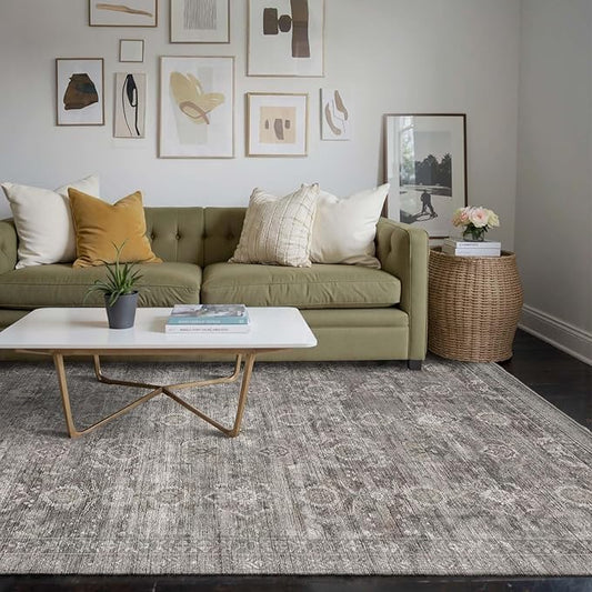 Rugxara Area Rugs 5x7 for Living Room Bedroom, Grey Washable Rug, Vintage Retro Boho Rug, Non Slip & Low Pile Faux Wool Thin Carpet for Indoor Dining Room, Dorm and Kids Room(Taupe/Grey 5x7ft)