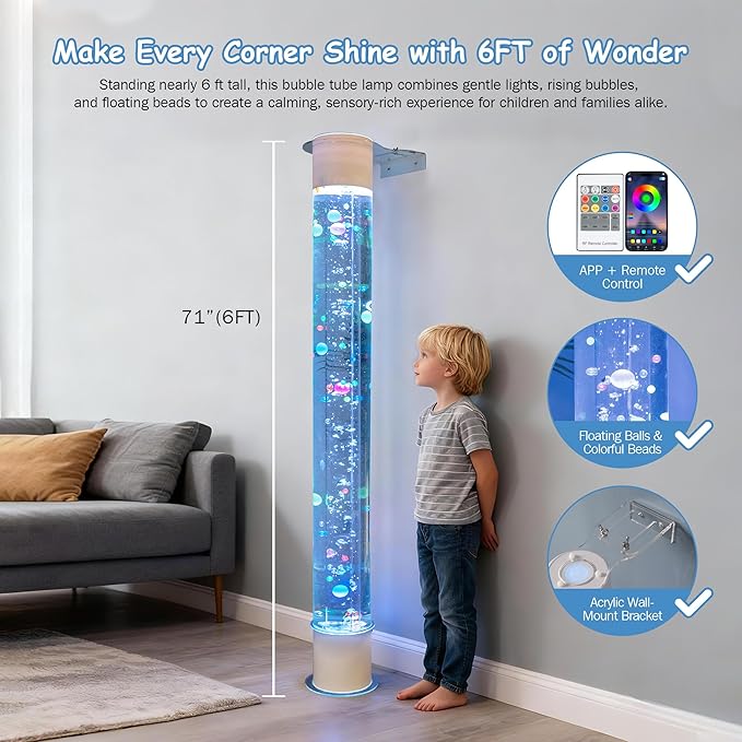 6FT Floating Balls & Colorful Beads Bubble Tube – Color-Changing LED with Remote & App, Works with Multiple Wireless Controllers, Sensory Night Light with Wall Bracket for Home & Therapy Rooms