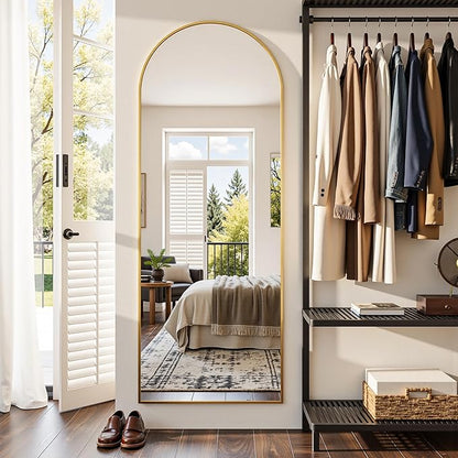 Arched Full Length Mirror 58 x 18 Inch, Full Body Mirror with Stand, Standing Hanging or Leaning Against Wall, Metal Frame Floor Mirror for Bedroom, Living Room, Cloakroom,Gold