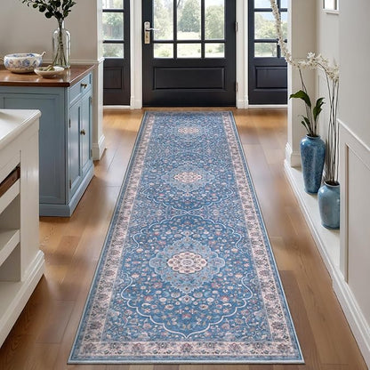 Tangsoo 2.6x8 Runner Rug for Hallways,Washable Non Slip Vintage Kitchen Runner Rug,Boho Blue Beige Soft Floral Print Distressed Low Pile Floor Carpet for Bedroom Bathroom Laundry Room Entryway
