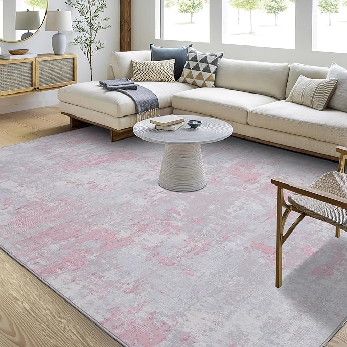 ROYHOME Modern Abstract Area Rug 8x10 Non Slip Non Shedding Rug Low Pile Stain Resistant for Bedroom Living Room,Grey Pink