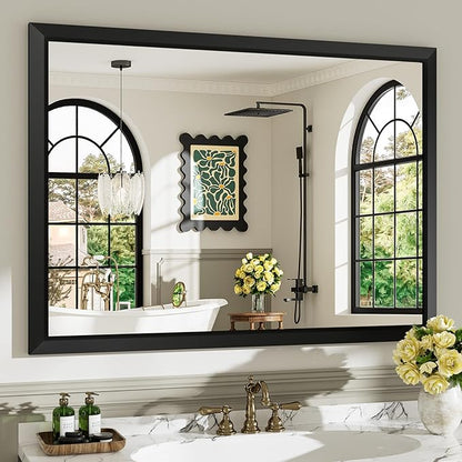 48x36 Inch Black Bathroom Mirror for Wall, Beveled Framed Rectangle Bathroom Vanity Mirrors for Over Sink, Bedroom, Living Room, Entryway, Anti-Rust, HD Tempered Glass, Horizontally/Vertically