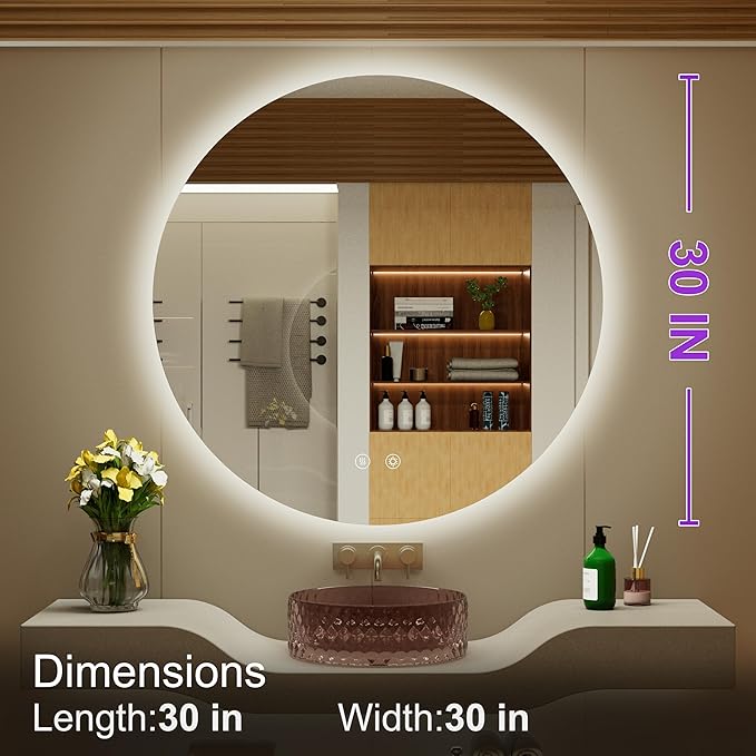 30 Inch Round LED Bathroom Mirror with Light, 3 Color Temperatures (3000K/4500K/6000K), Anti-Fog, Dimmable Backlit, Frameless Round Lighted Bathroom Mirror