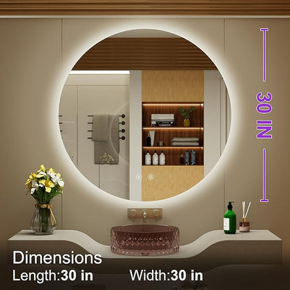 30 Inch Round LED Bathroom Mirror with Light, 3 Color Temperatures (3000K/4500K/6000K), Anti-Fog, Dimmable Backlit, Frameless Round Lighted Bathroom Mirror