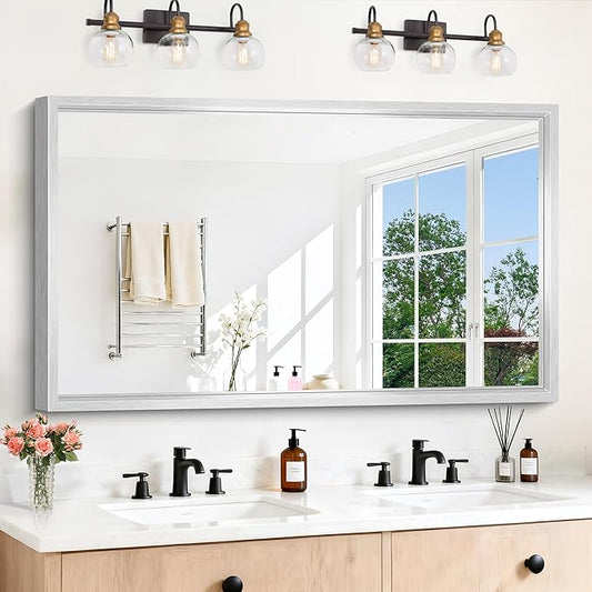 30x55 Silver Bathroom Mirror, Brushed Silver Rectangular Mirror for Wall, 0.6" Thickened Deep Frame Mirrors for Bathroom Sink, Shatterproof Tempered Glass, Antirust, Horizontally or Vertically