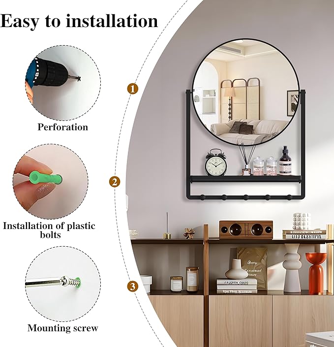 Modern Black Round Wall Mirror with Shelf and Hooks, 29.5" x 21.7" Large Bathroom Mirror with 10° Adjustable Tilt for Entryway, Living Room, Hallway, Bedroom