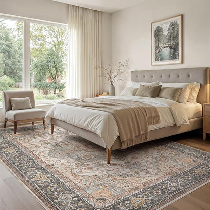 Washable Area Rugs for Living Room -10x13 Neutral Vintage Distressed Floral Farmhouse Boho Large Soft Floor Rug Indoor Non Slip Carpet for Living Room Bedroom Dining Room Office - Forest Green Orange