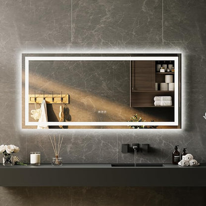55x26 LED Bathroom Mirror with Lights, Frameless Wall Mounted Vanity Mirror with Front & Backlight, Dimmable Color Temperature, 5mm Copper-Glass, for Bathroom
