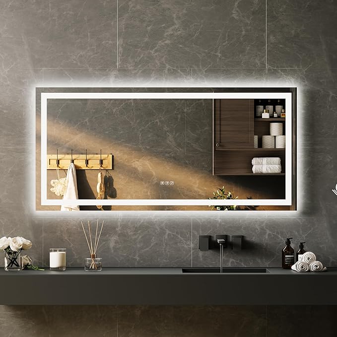 55x26 LED Bathroom Mirror with Lights, Frameless Wall Mounted Vanity Mirror with Front & Backlight, Dimmable Color Temperature, 5mm Copper-Glass, for Bathroom