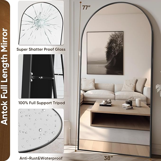 Antok Oversized Full Length Mirror with Stand, 78"x38" Arched Floor Mirror, Aluminum Frame, Wall Mounted/Leaning/Free Standing, Large Body Mirror for Bedroom Living Room Entryway Dressing Room,Black