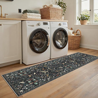 Runner Rug Washable Runners Kitchen Rugs Non Slip Neutral Floral Carpet Low Pile for Indoor Hallways Entryway Living Room Bedroom Laundry Soft Mat 2'6''x8' Black