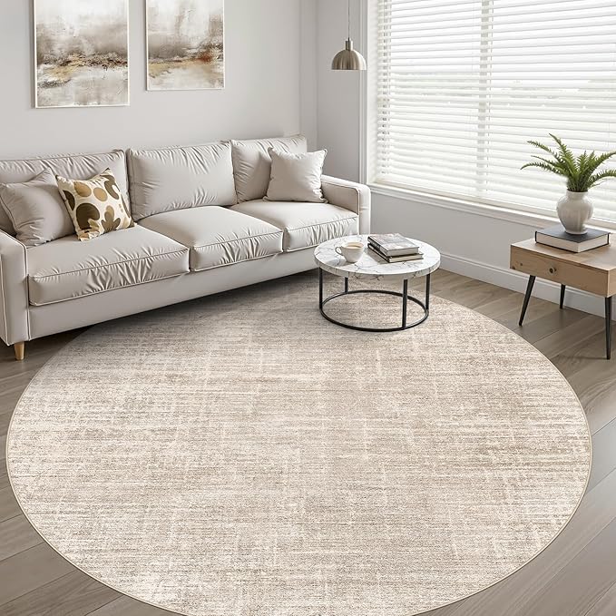 7ft Round Rug Living Room: 7x7 Washable Large Neutral Beige Circle Area Rug Abstract Soft Modern Stain Resistant Indoor Floor Non-Slip Carpet for Bedroom Nursery Kids Office Playroom Dining Room