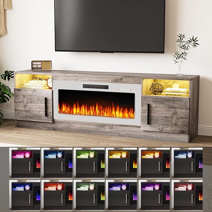 TAVATA 70" Fireplace TV Stand, Modern LED Light Entertainment Center with Storage and 36" Fireplace, Media TV Console for TVs Up to 80", Fire Place TV Stands for Living Room, Grey+White