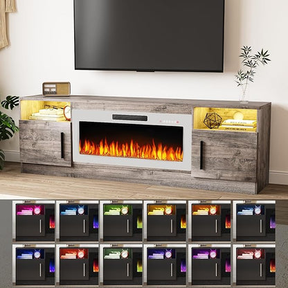 TAVATA 70" Fireplace TV Stand, Modern LED Light Entertainment Center with Storage and 36" Fireplace, Media TV Console for TVs Up to 80", Fire Place TV Stands for Living Room, Grey+White