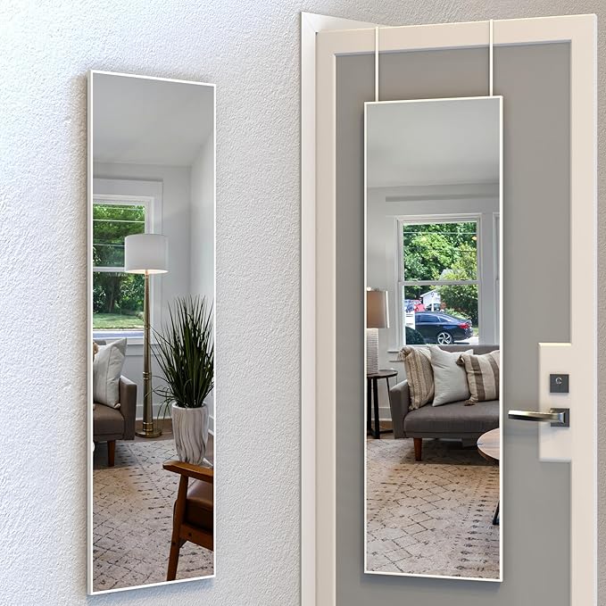 ANYHI Large Full Length Mirror, 60" x 18" Door Mirror Full Length, 2 Hooks, Over The Door or Wall Monuted, Aluminum Frame, for Bedroom Bathroom Checkroom, White
