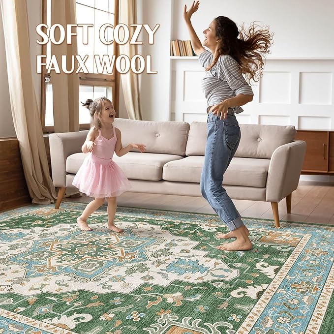 7x9 Area Rug Living Room: Washable Boho Large Neutral Vintage Soft Rug Stain Resistant Farmhouse Non-Slip Indoor Floor Retro Carpet for Bedroom Nursery Kids Office Dining Room- Green Multi